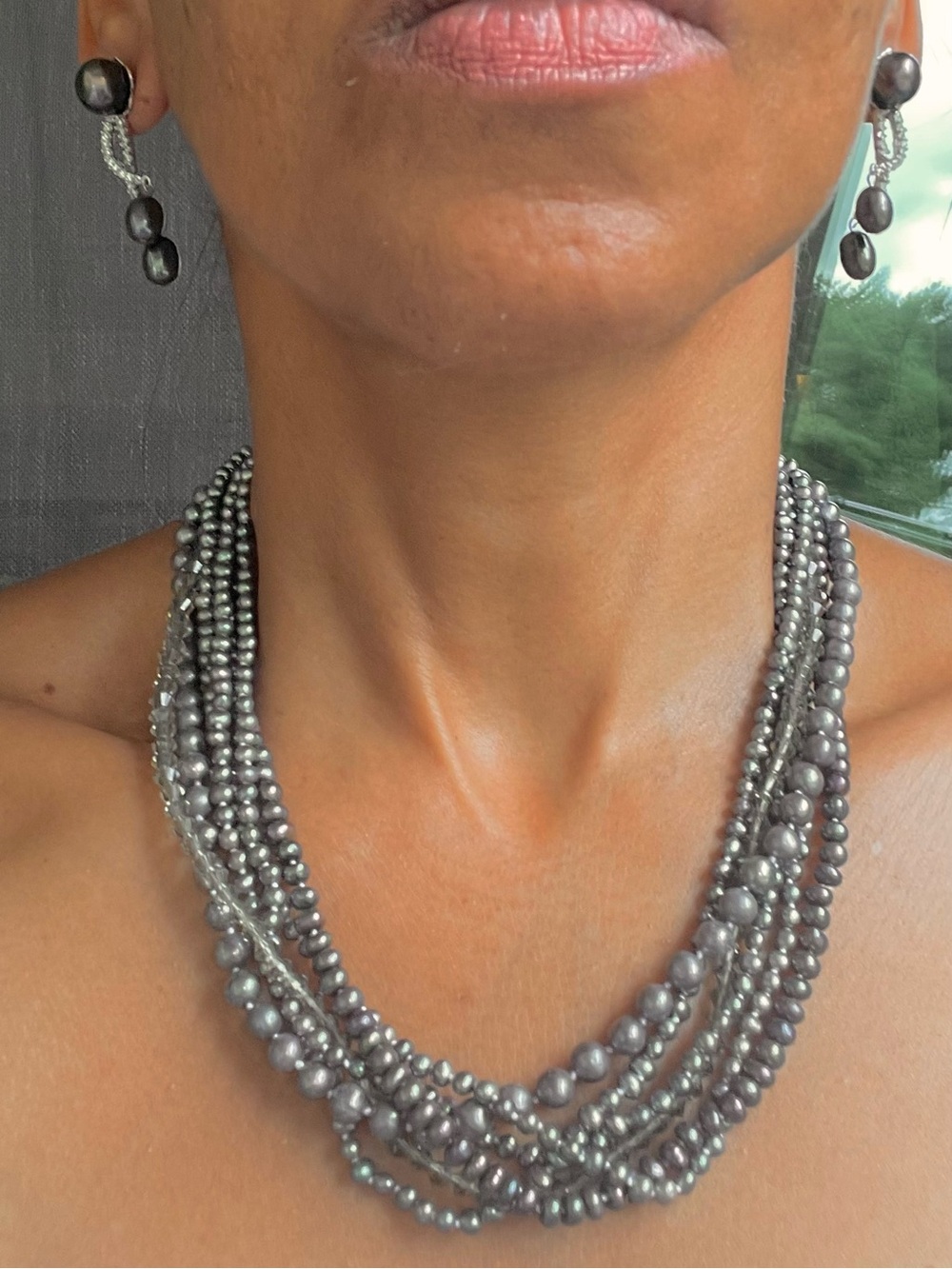 Multi-Strand Gray Pearl Necklace and Drop Earrings Set